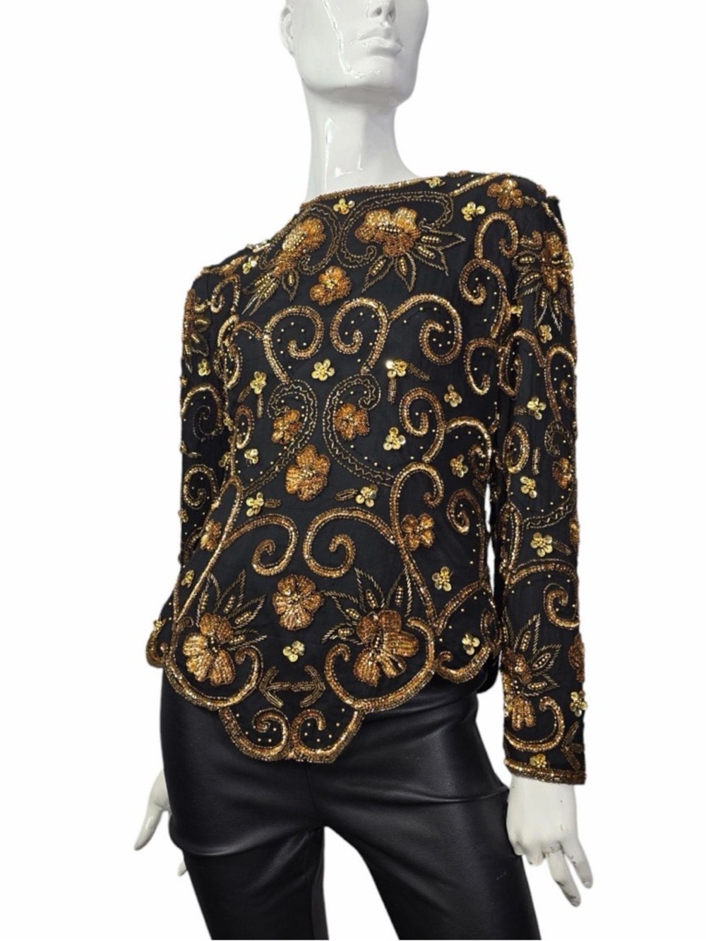Laurence Kazar Black Long-Sleeve Top with Gold Sequin Floral Embroidery